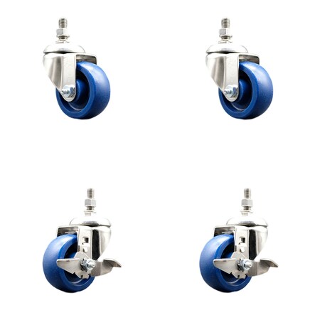 Service Caster 3 Inch 316SS Solid Polyurethane Swivel 10mm Threaded Stem Caster Brake, 2PK SCC-SS316TS20S314-SPUS-M1015-2-TLB-2